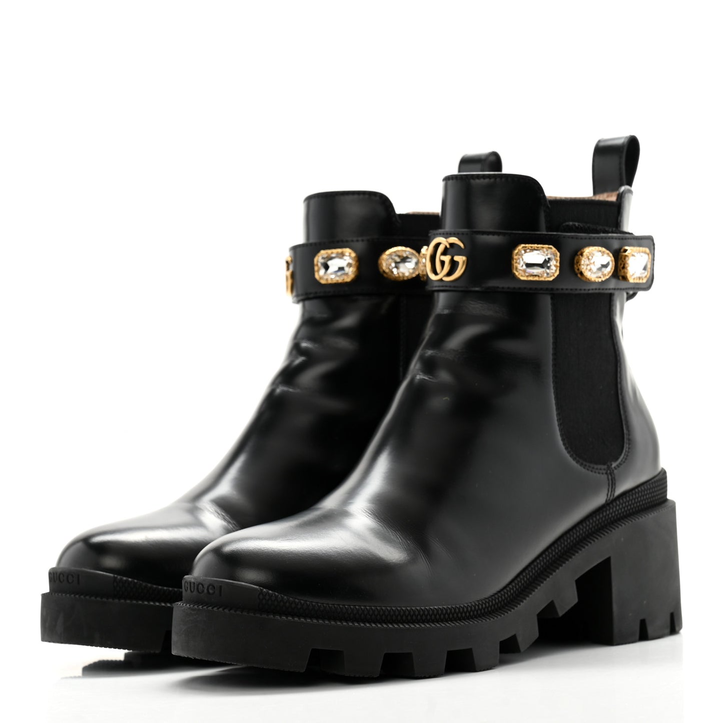 Calfskin Crystal GG Trip Chelsea Ankle Boots 39.5 Black