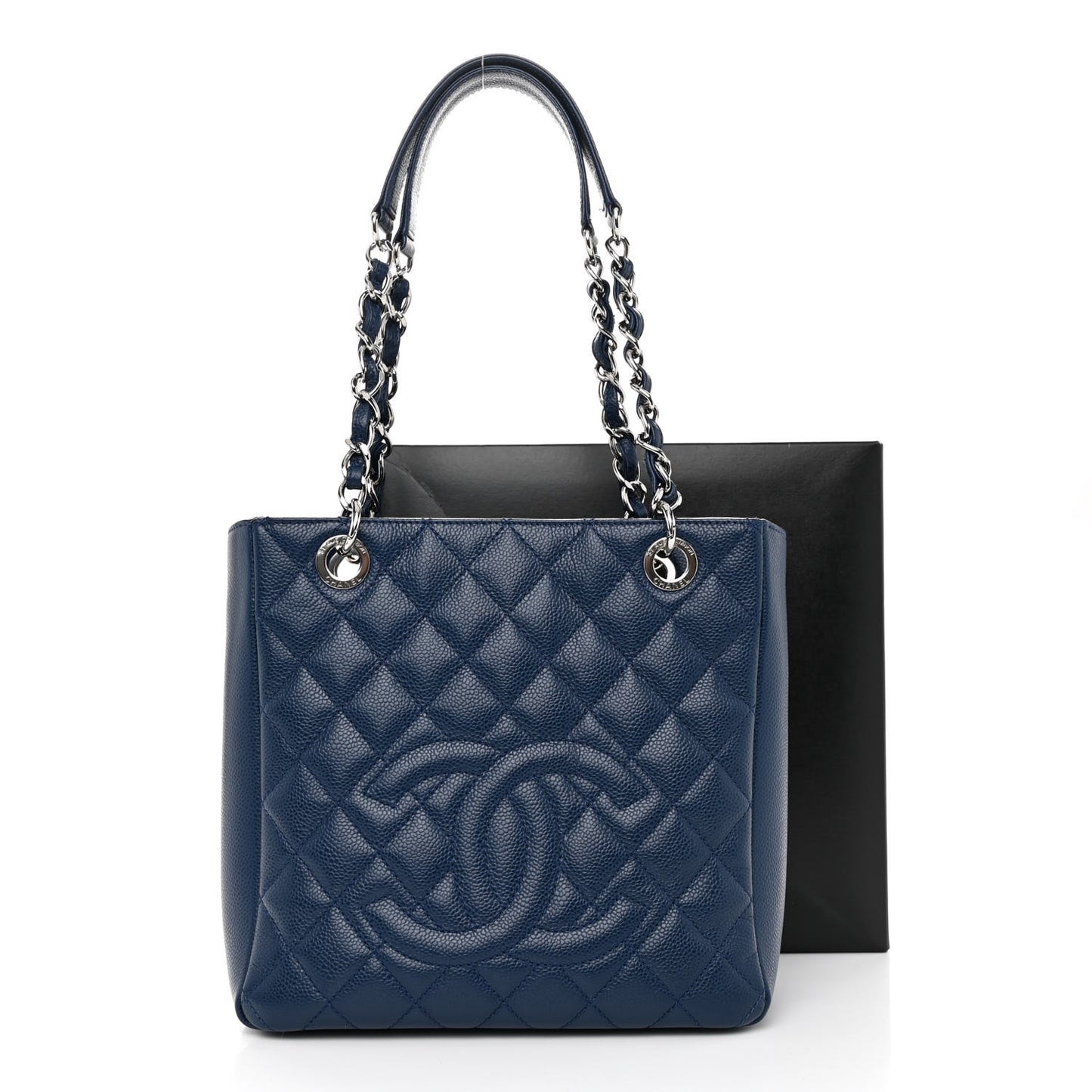 Caviar Quilted Petit Shopping Tote PST Navy Blue