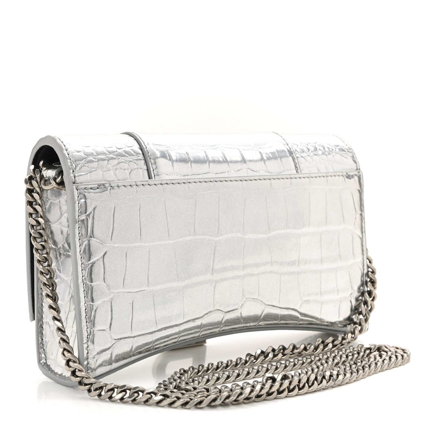Metallic Calfskin Crocodile Embossed Hourglass Chain Bag Silver