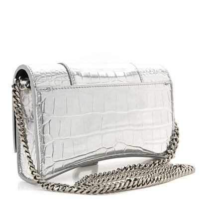 Balenciaga Metallic Calfskin Crocodile Embossed Hourglass Chain Bag Silver 3 of 11