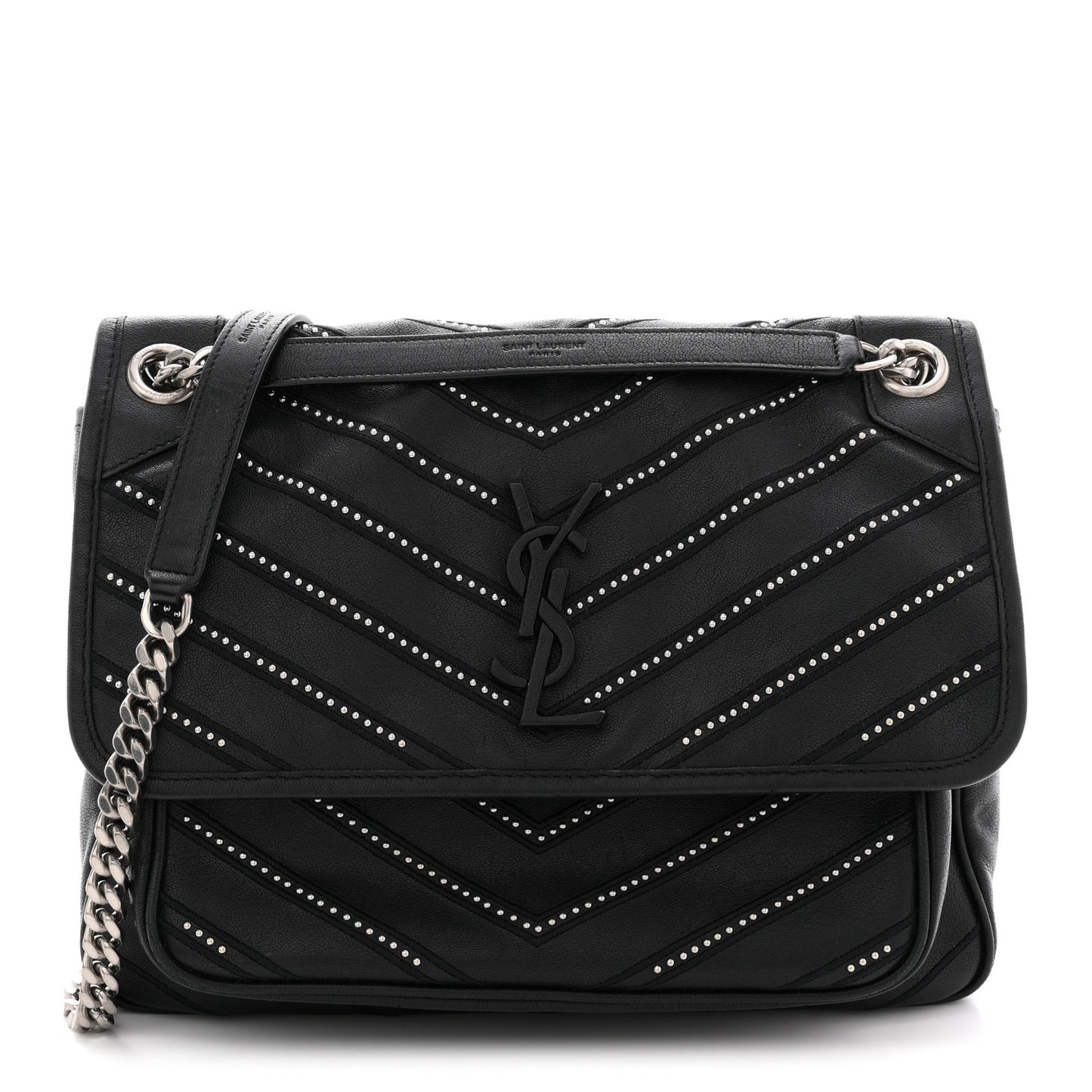 Calfskin Matelasse Monogram Microstud Medium Niki Chain Satchel Black
