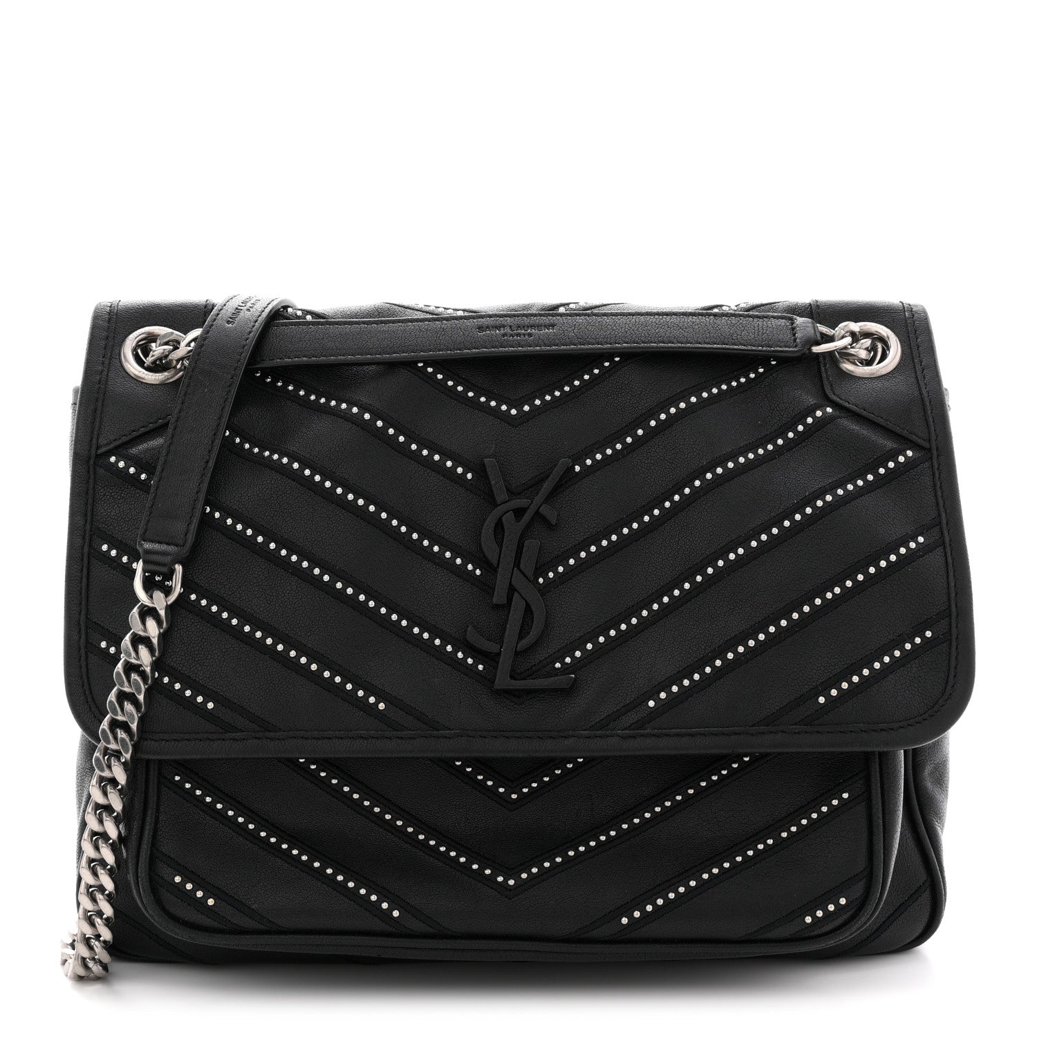 Saint Laurent Calfskin Matelasse Monogram Microstud Medium Niki Chain Satchel Black 1 of 13