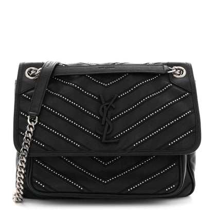 Saint Laurent Calfskin Matelasse Monogram Microstud Medium Niki Chain Satchel Black 1 of 13