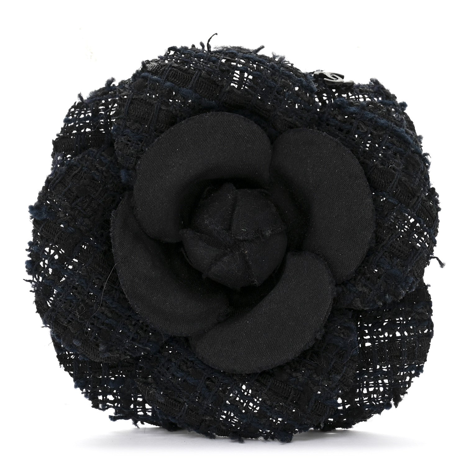 Chanel Tweed Camellia Pin Brooch Navy Blue 1 of 3