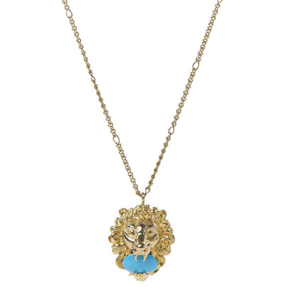 Gucci Metal Brass Swarovski Lion Head Necklace Gold Turquoise 1 of 5