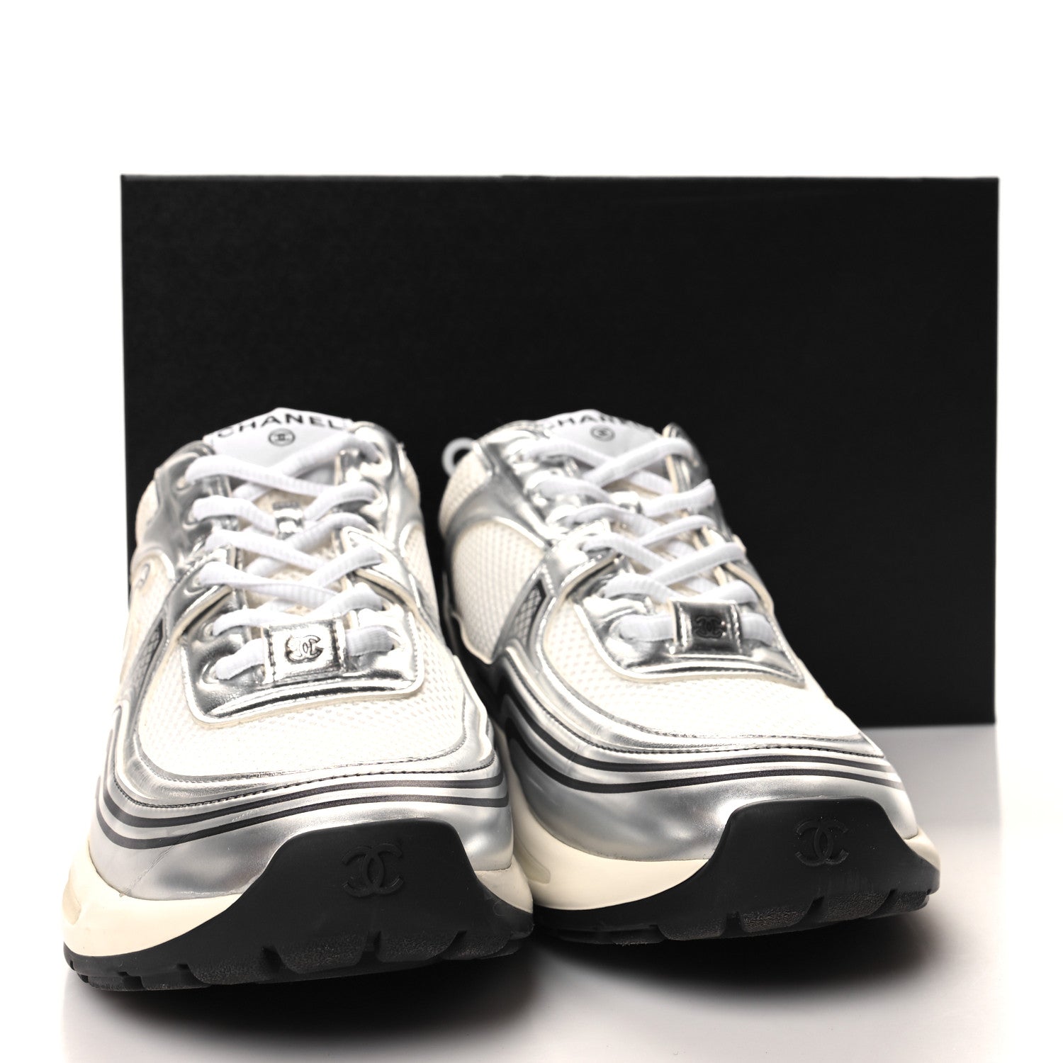 Chanel Fabric Laminated Calfskin Stretch CC Womens Sneakers 40 White Gold Silver 9 of 9