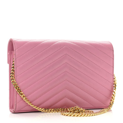 Saint Laurent Grain De Poudre Matelasse Chevron Monogram Chain Wallet Indian Pink 3 of 13