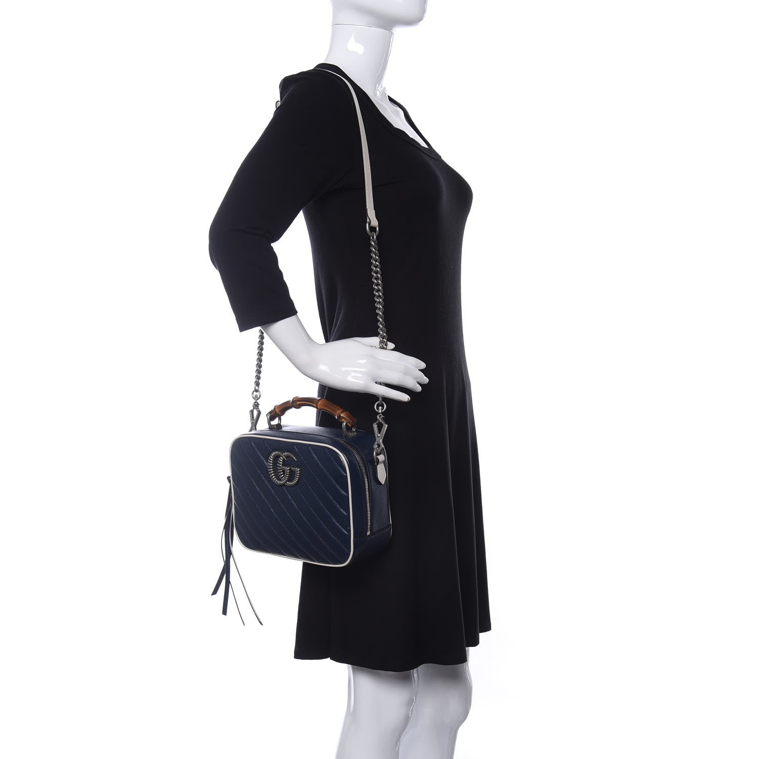 Gucci Vintage Effect Calfskin Matelasse Diagonal Small Torchon GG Marmont Bamboo Top Handle Shoulder Bag Blue Agata Mystic White 2 of 10