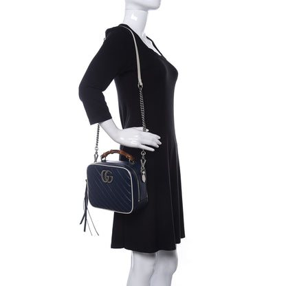 Gucci Vintage Effect Calfskin Matelasse Diagonal Small Torchon GG Marmont Bamboo Top Handle Shoulder Bag Blue Agata Mystic White 2 of 10