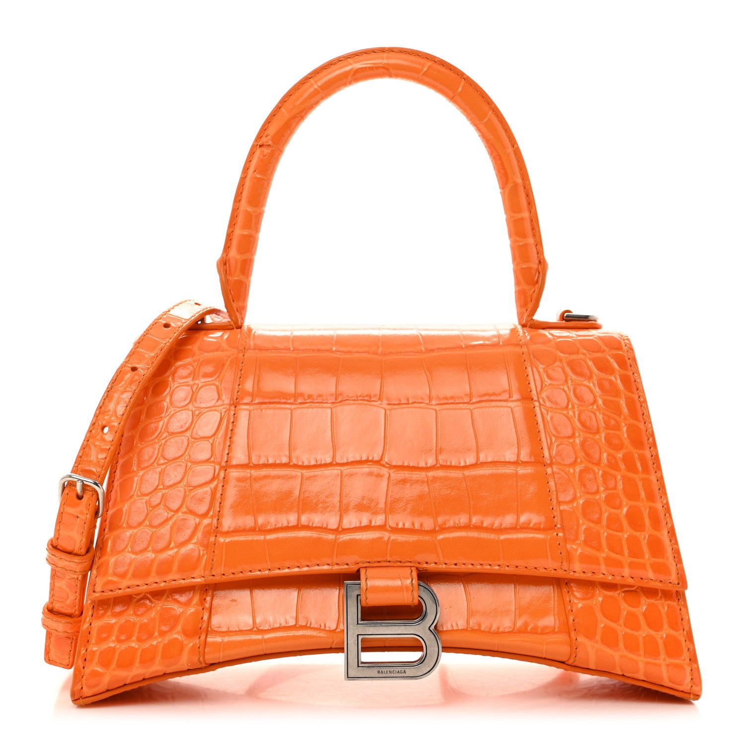 Balenciaga Shiny Calfskin Crocodile Embossed Small Hourglass Top Handle Bag Pop Orange 1 of 13