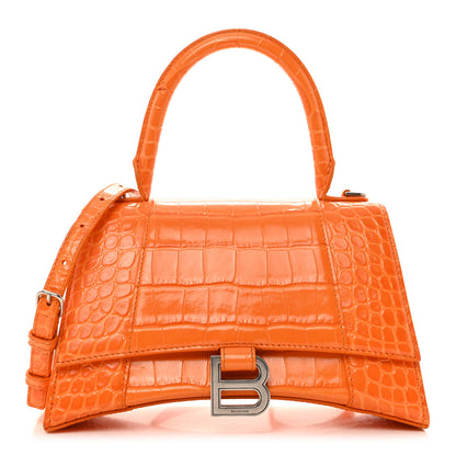 Balenciaga Shiny Calfskin Crocodile Embossed Small Hourglass Top Handle Bag Pop Orange 1 of 13