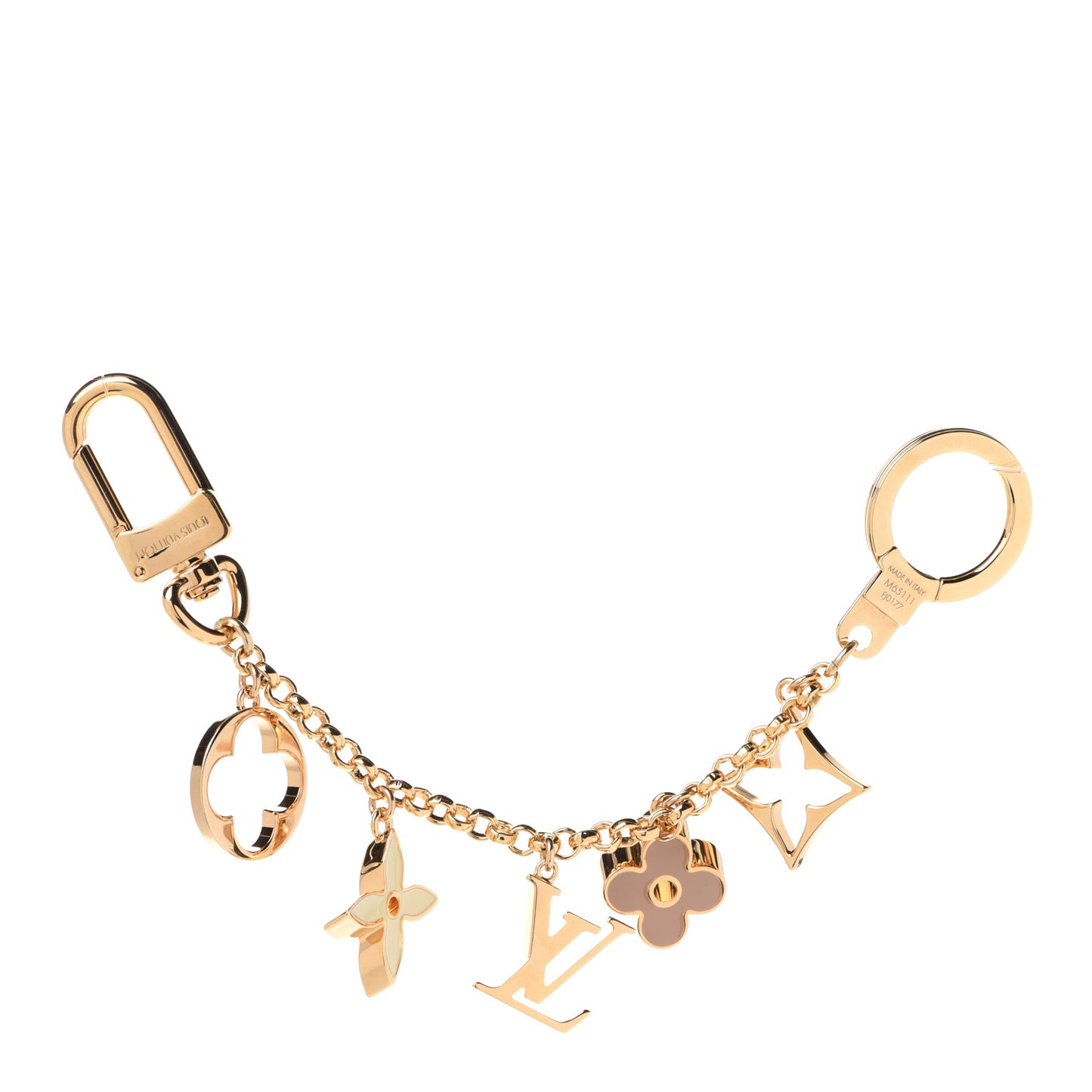 Brass Enamel Fleur De Monogram Bag Charm Chain Gold