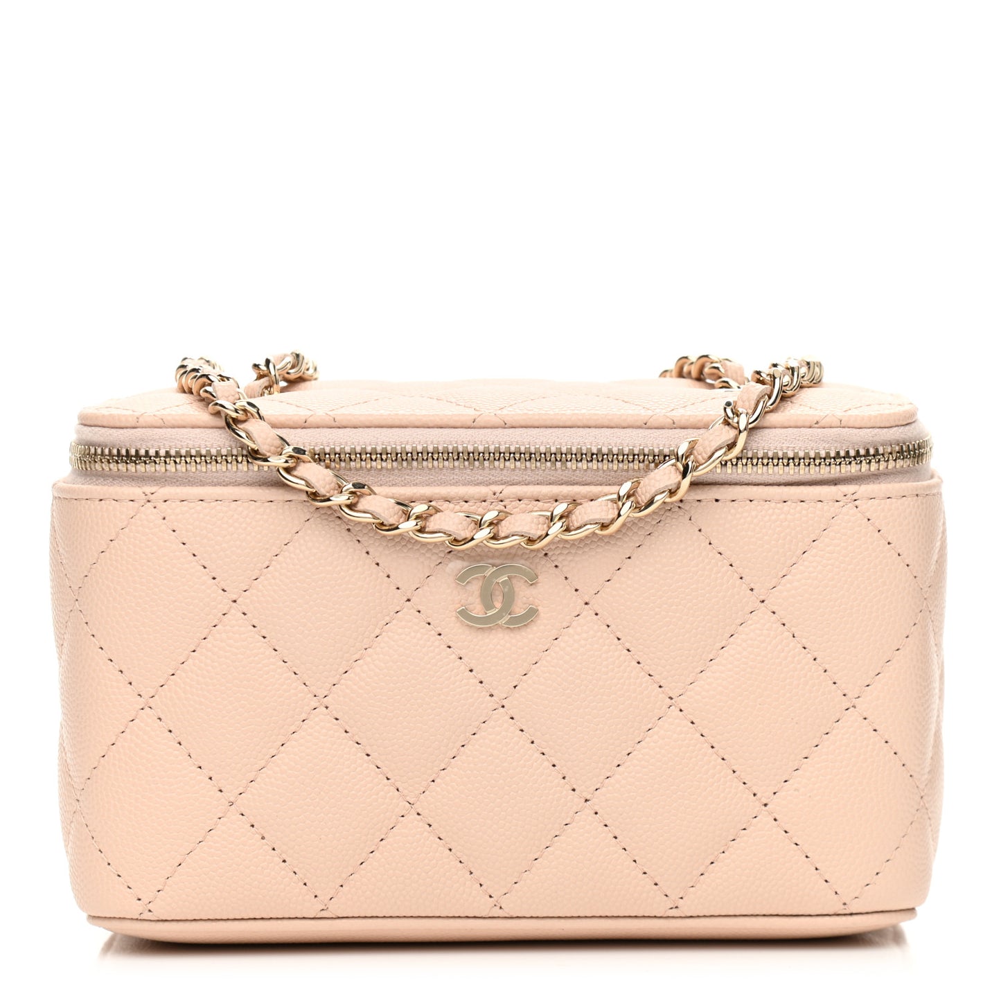 Caviar Quilted Small Vanity Case With Chain Light Beige