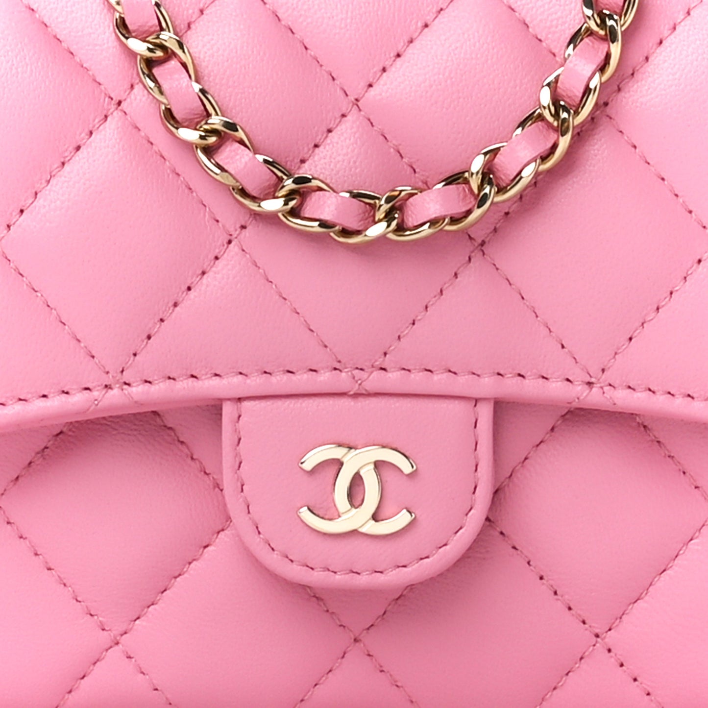 Lambskin Quilted Flap Phone Holder With Chain Pink