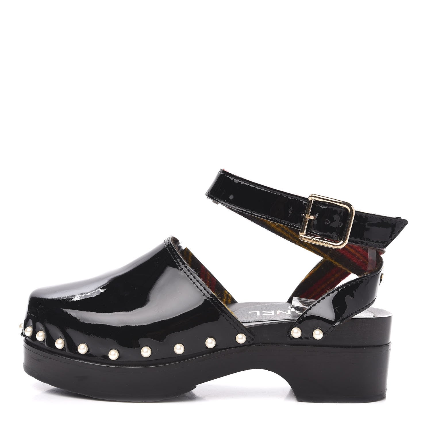 Chanel Patent Calfskin Pearl Ankle Wrap Clogs 35 Black 1 of 9