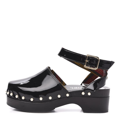 Chanel Patent Calfskin Pearl Ankle Wrap Clogs 35 Black 1 of 9