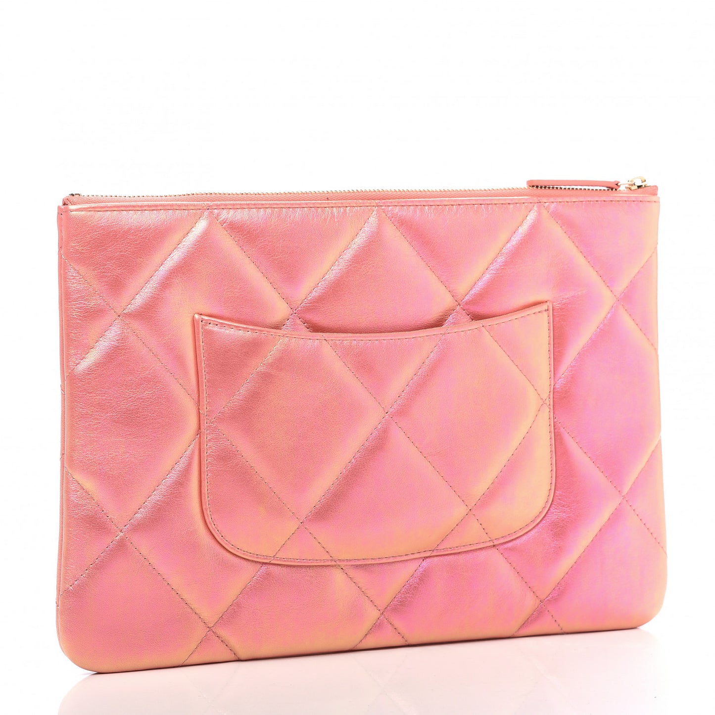 Iridescent Calfskin Quilted Large 19 Pouch Pink