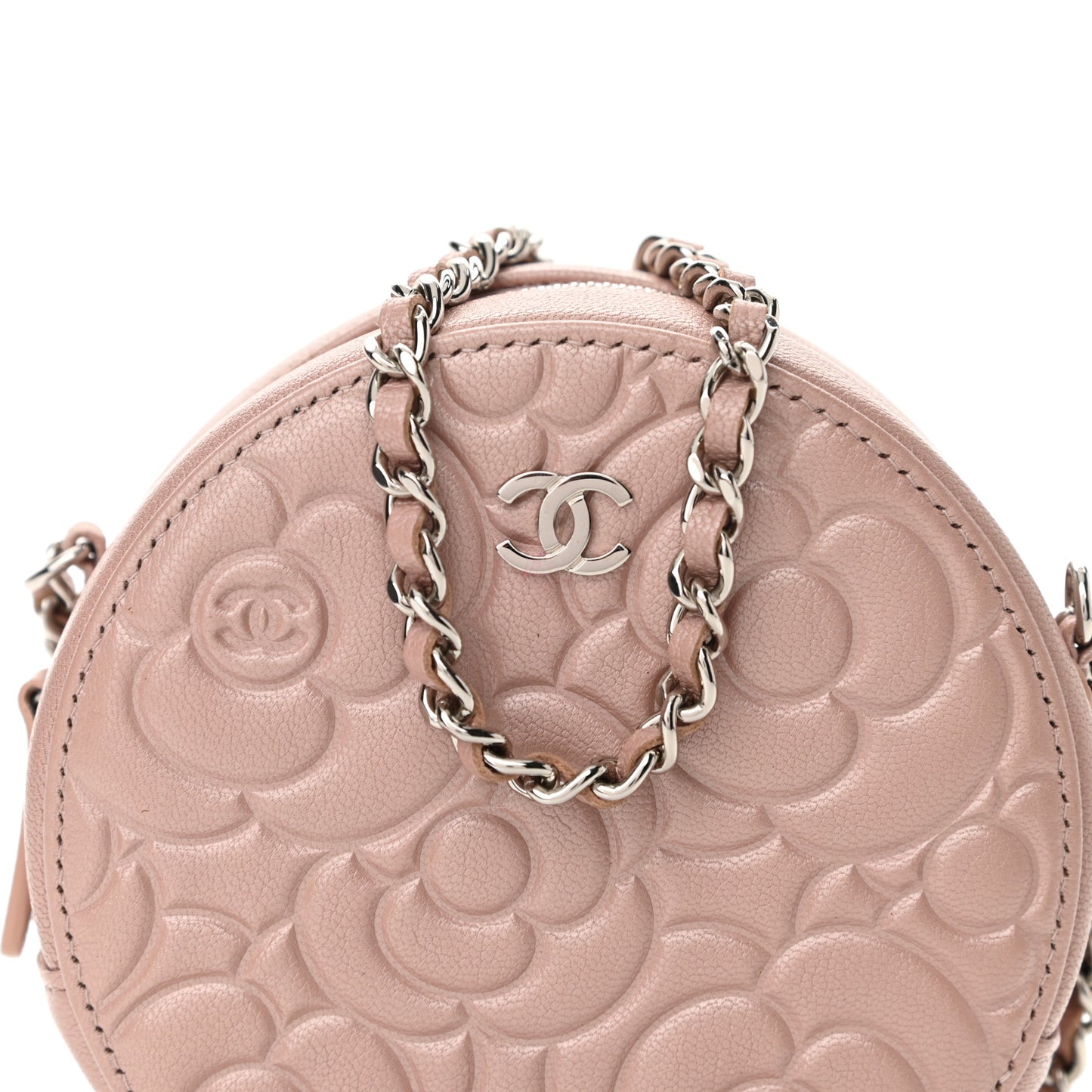 Goatskin Camellia Quilted Round Clutch With Chain Light Pink