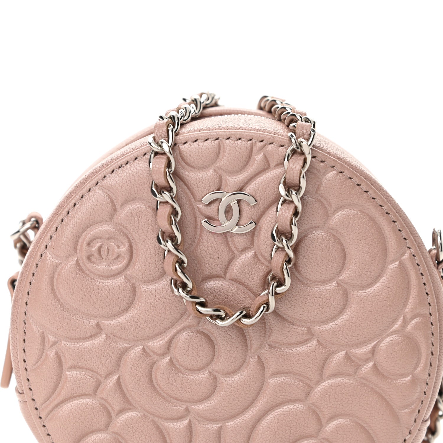 Chanel Goatskin Camellia Quilted Round Clutch With Chain Light Pink 8 of 11