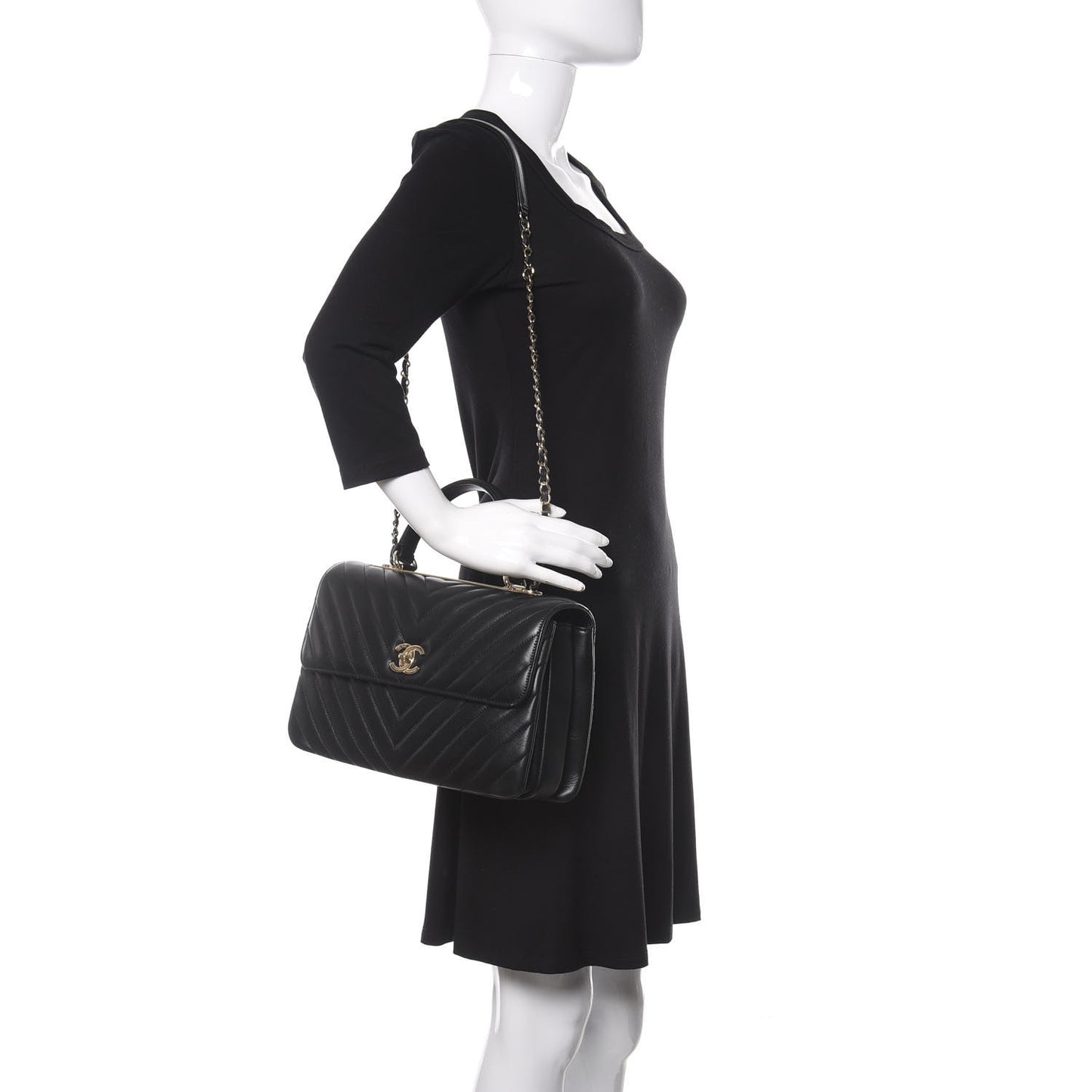 Lambskin Chevron Quilted Medium Trendy CC Dual Handle Flap Bag Black