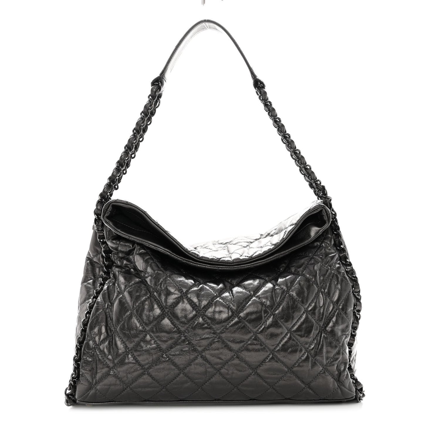 Metallic Calfskin Quilted Large Chain Me Hobo Dark Grey