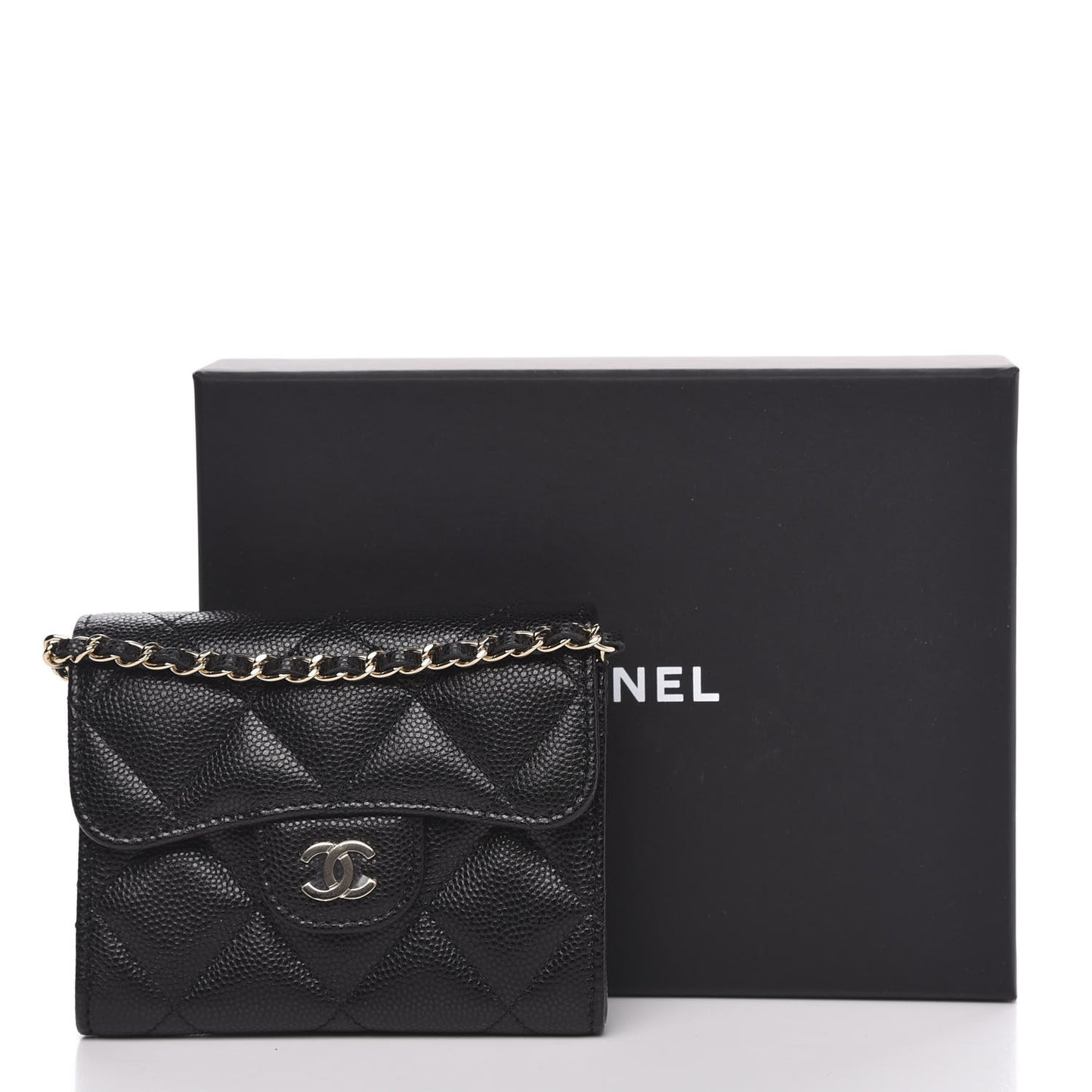 Caviar Quilted Flap Card Holder On Chain Black