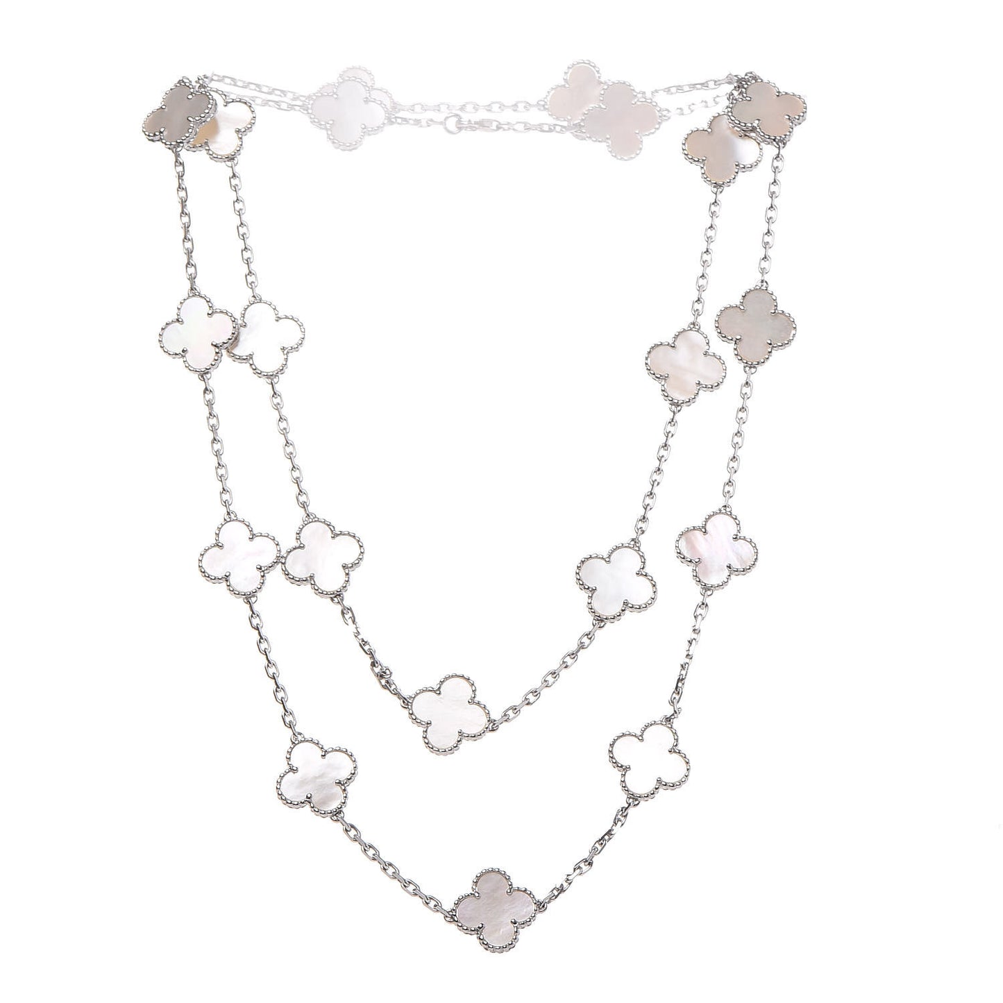 18K White Gold Mother of Pearl 20 Motifs Vintage Alhambra Necklace