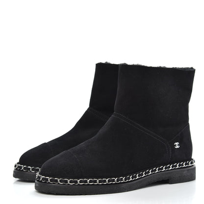 Chanel Kid Suede Shearling Womens Cap Toe Chain Short Boots 39 Black 3 of 6