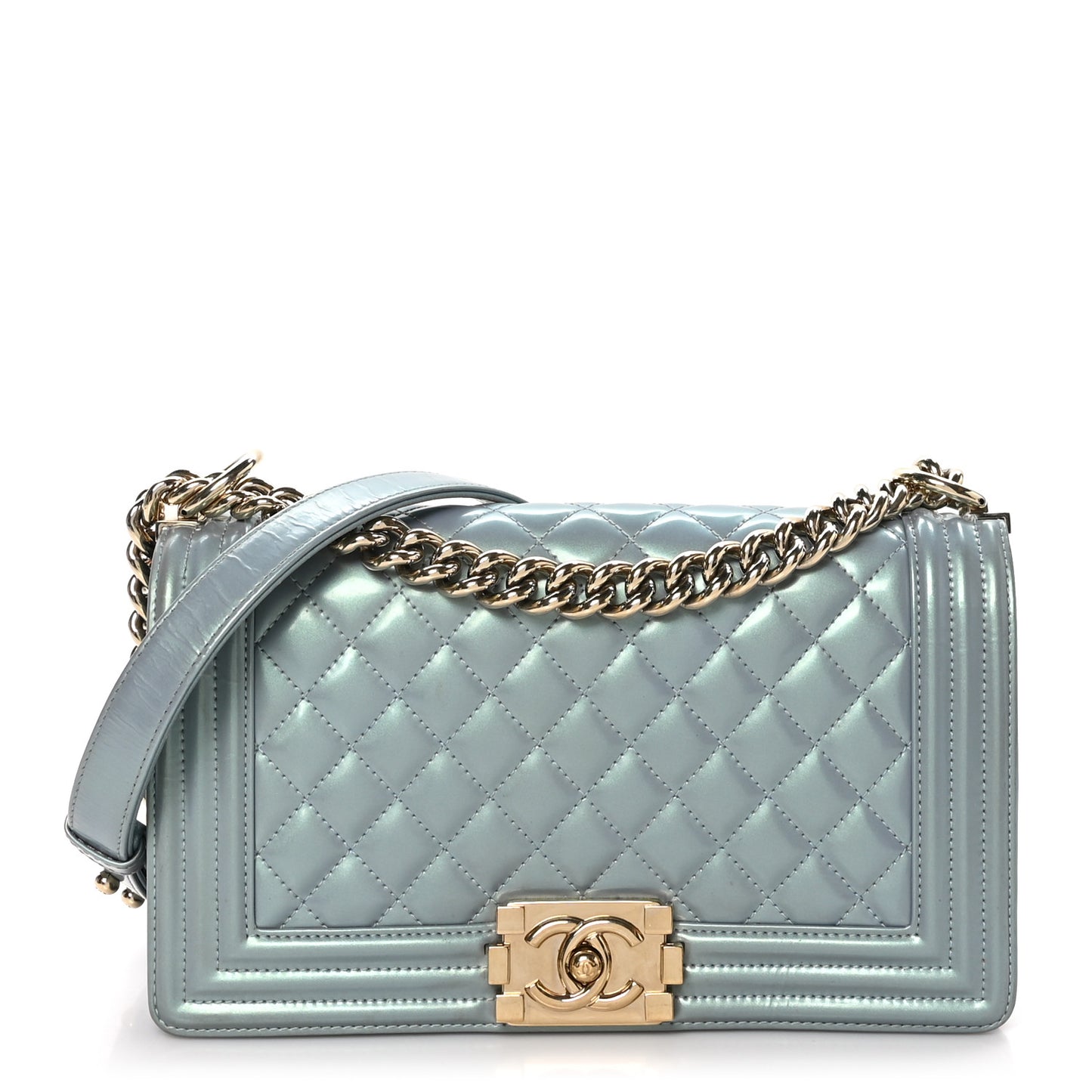 Iridescent Patent Calfskin Quilted Medium Boy Flap Light Blue