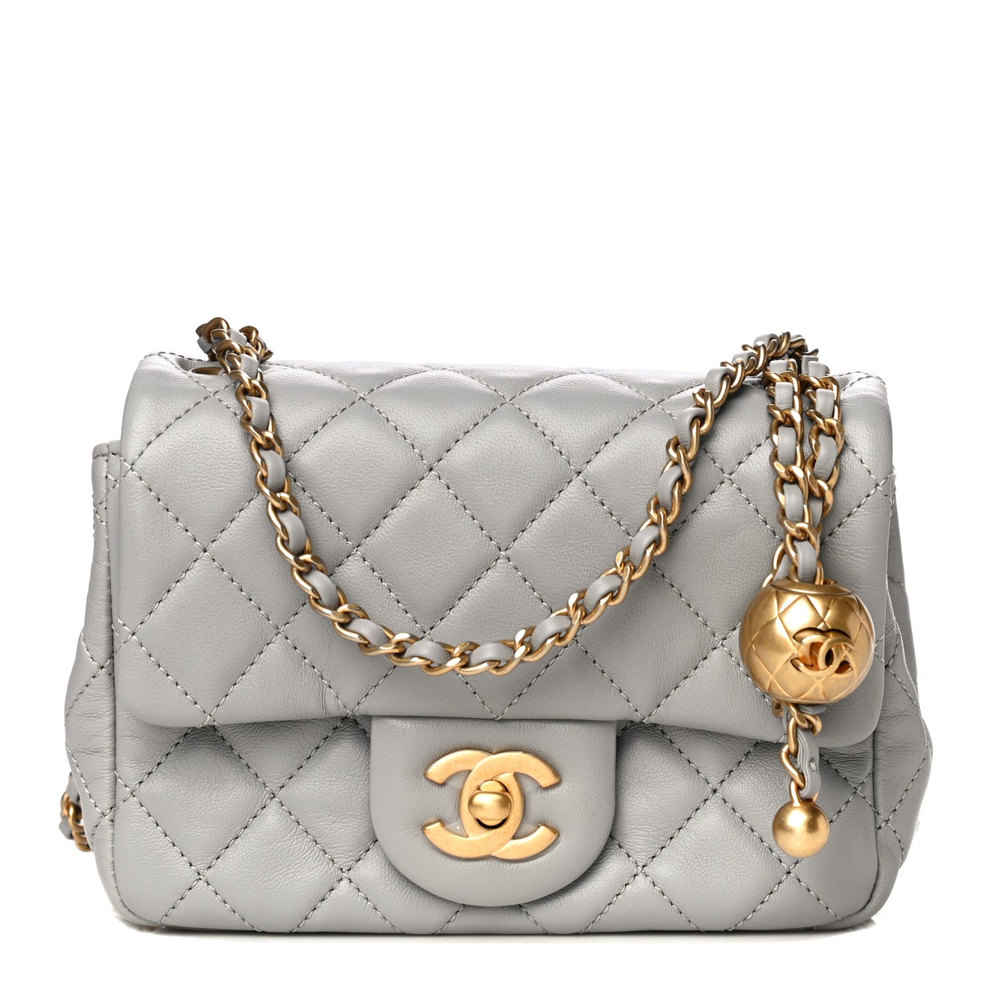 Lambskin Quilted Mini Pearl Crush Flap Light Grey