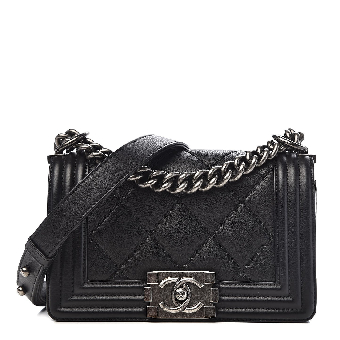 Calfskin Double Stitch Small Boy Flap Black