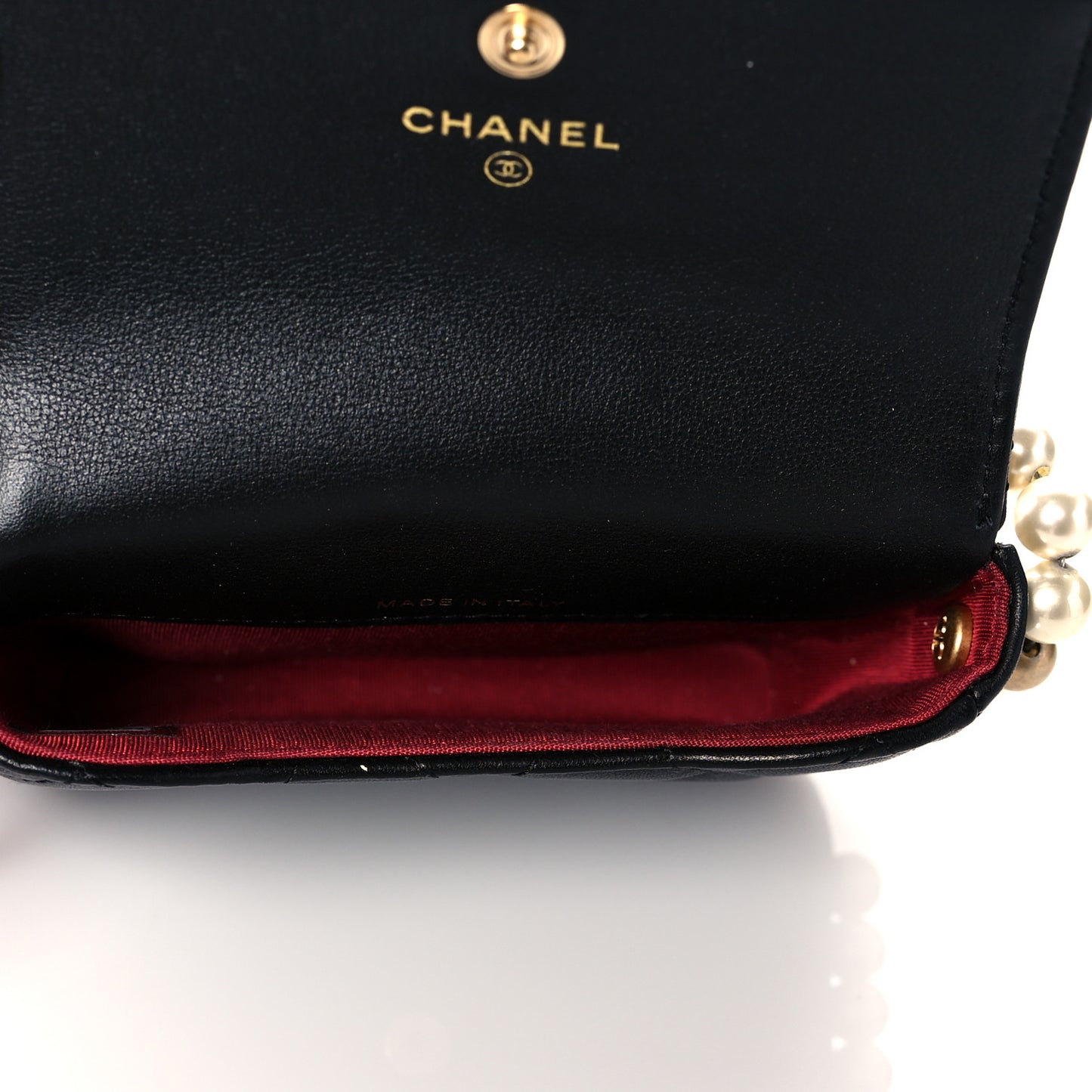 Calfskin Quilted About Pearls Card Holder Flap With Chain Black
