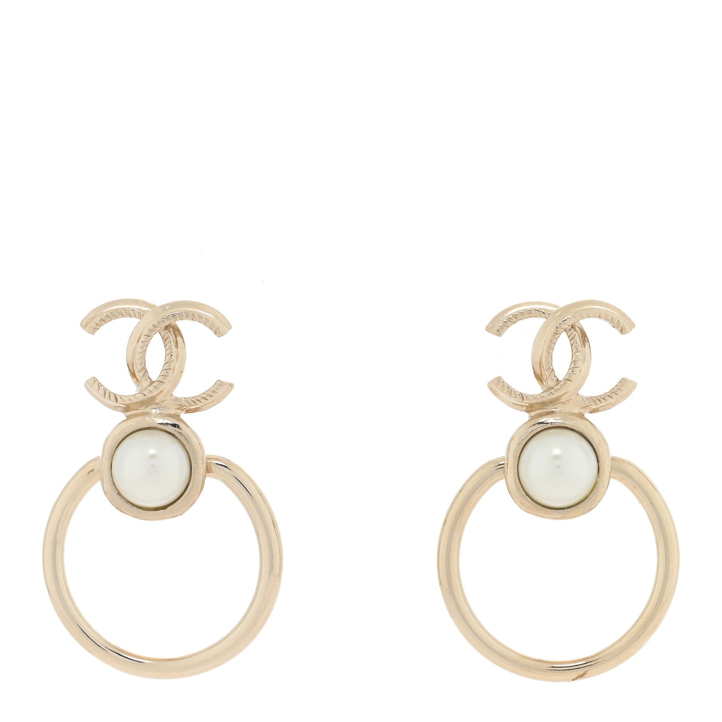 Metal Pearl CC Hoop Drop Earrings Gold