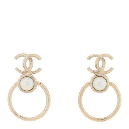 Chanel Metal Pearl CC Hoop Drop Earrings Gold 1 of 4
