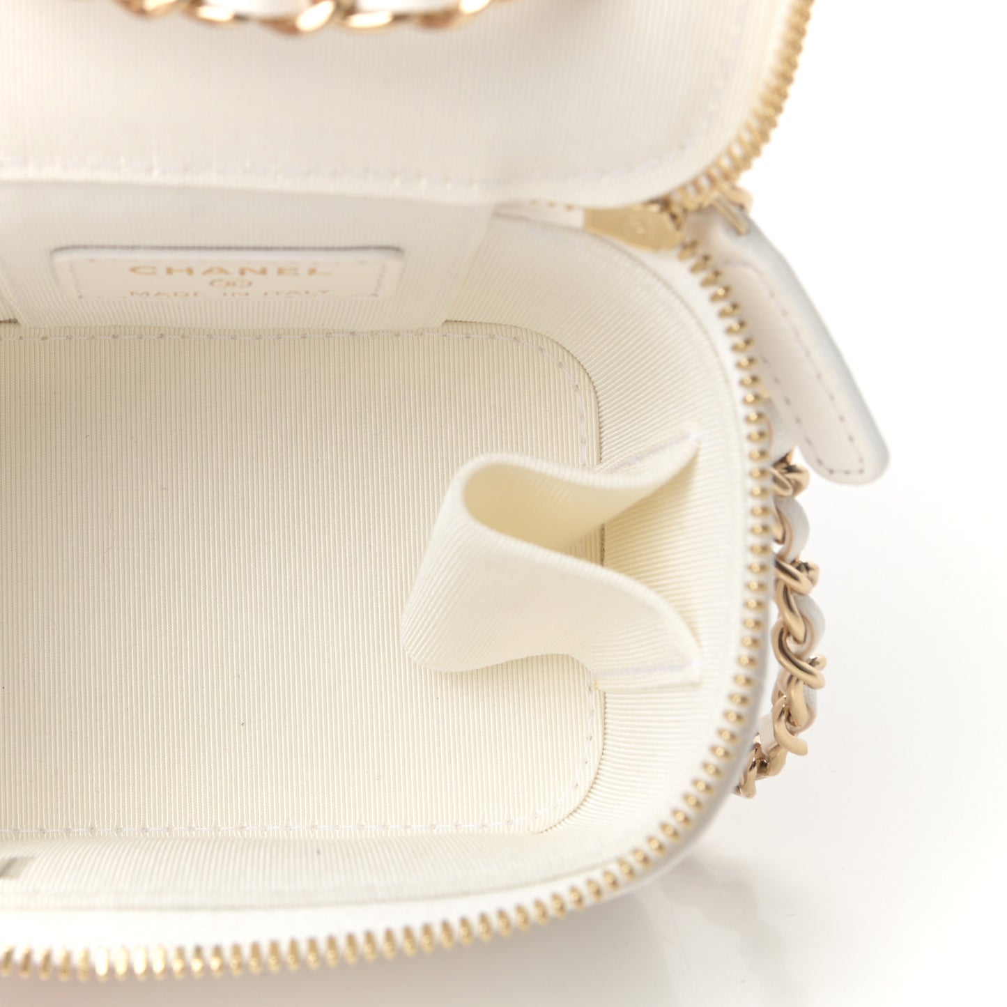 Lambskin Quilted Small Camellia Bow Vanity Case With Chain White