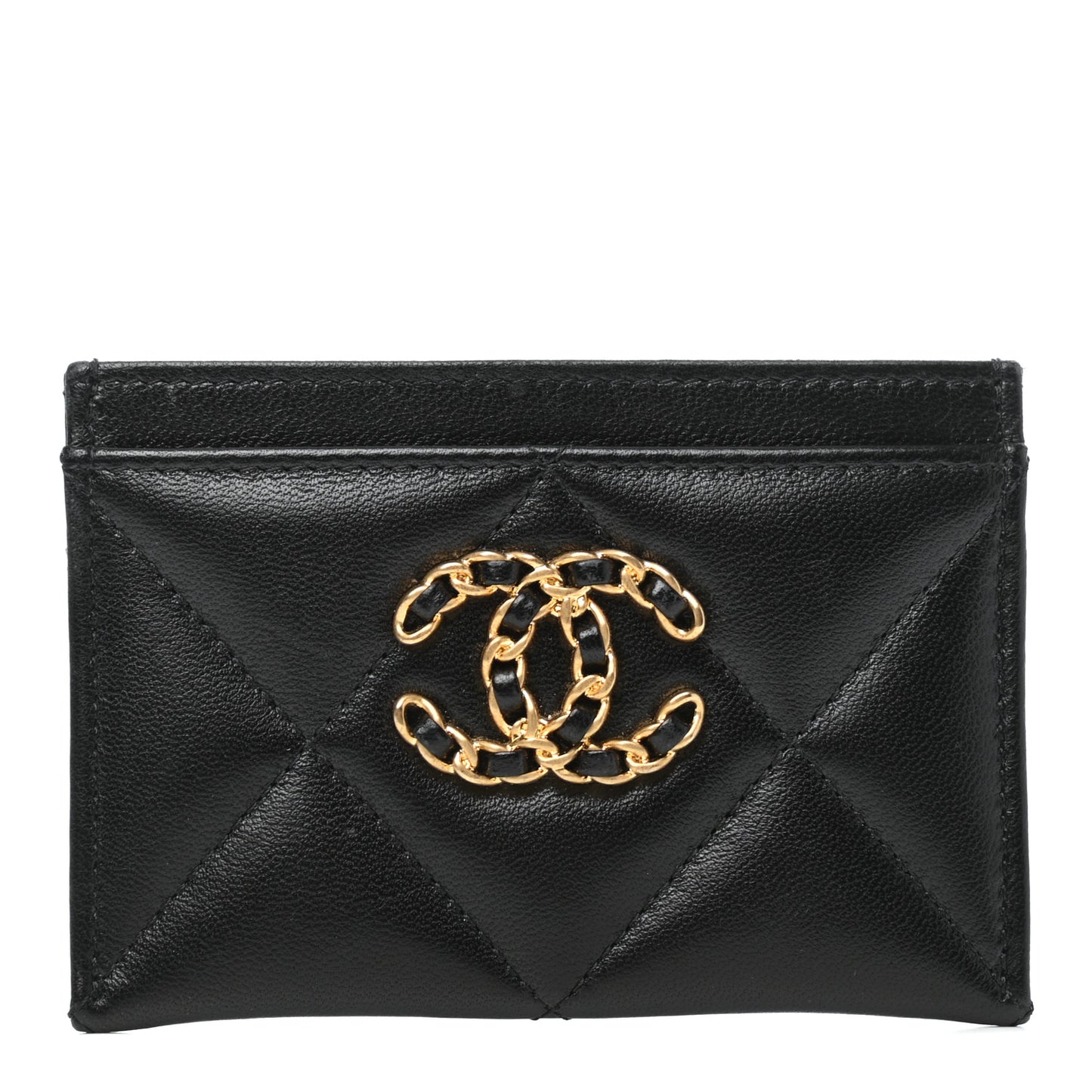 Shiny Goatskin Quilted Chanel 19 Card Holder Black