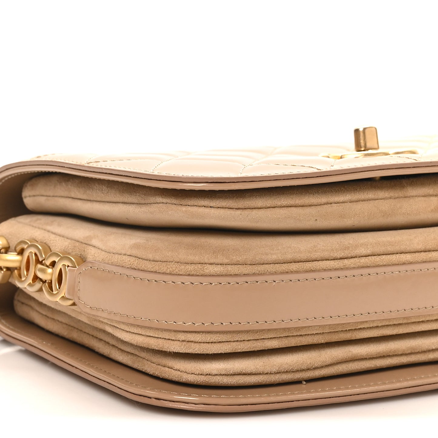 Shiny Calfskin Quilted Suede Goatskin Messenger Beige
