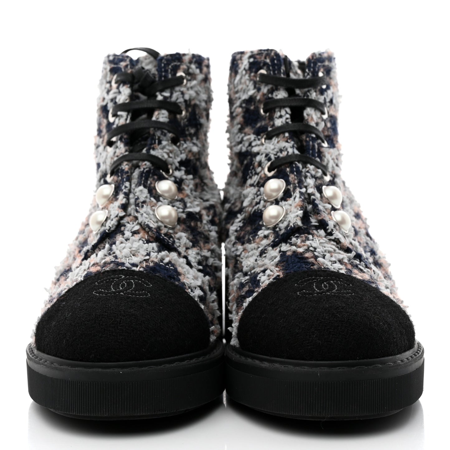 Tweed Patent Calfskin Pearl Combat Short Boots 39 Black Multicolor