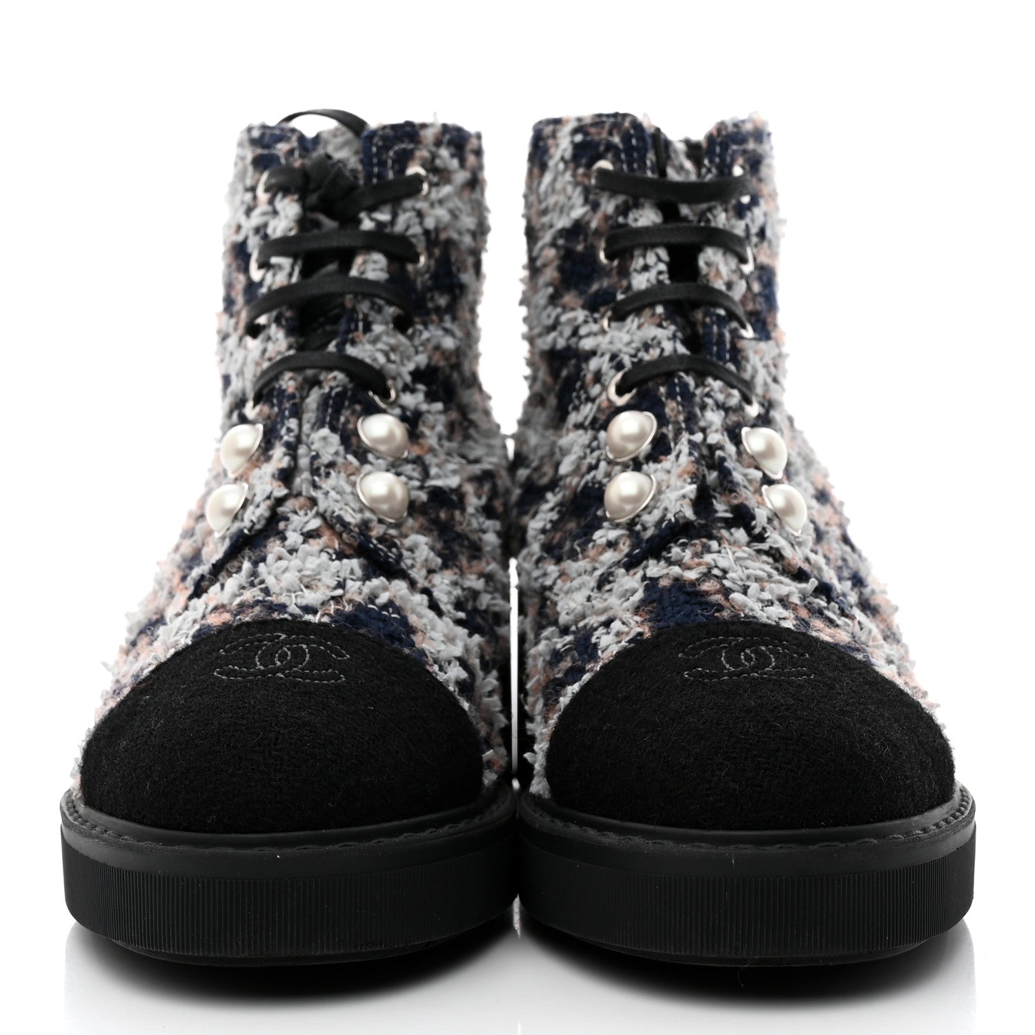 Chanel Tweed Patent Calfskin Pearl Combat Short Boots 39 Black Multicolor 2 of 8