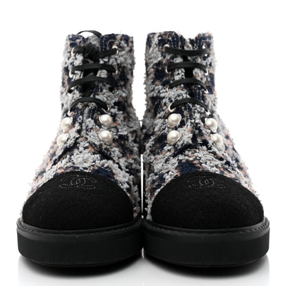 Chanel Tweed Patent Calfskin Pearl Combat Short Boots 39 Black Multicolor 2 of 8