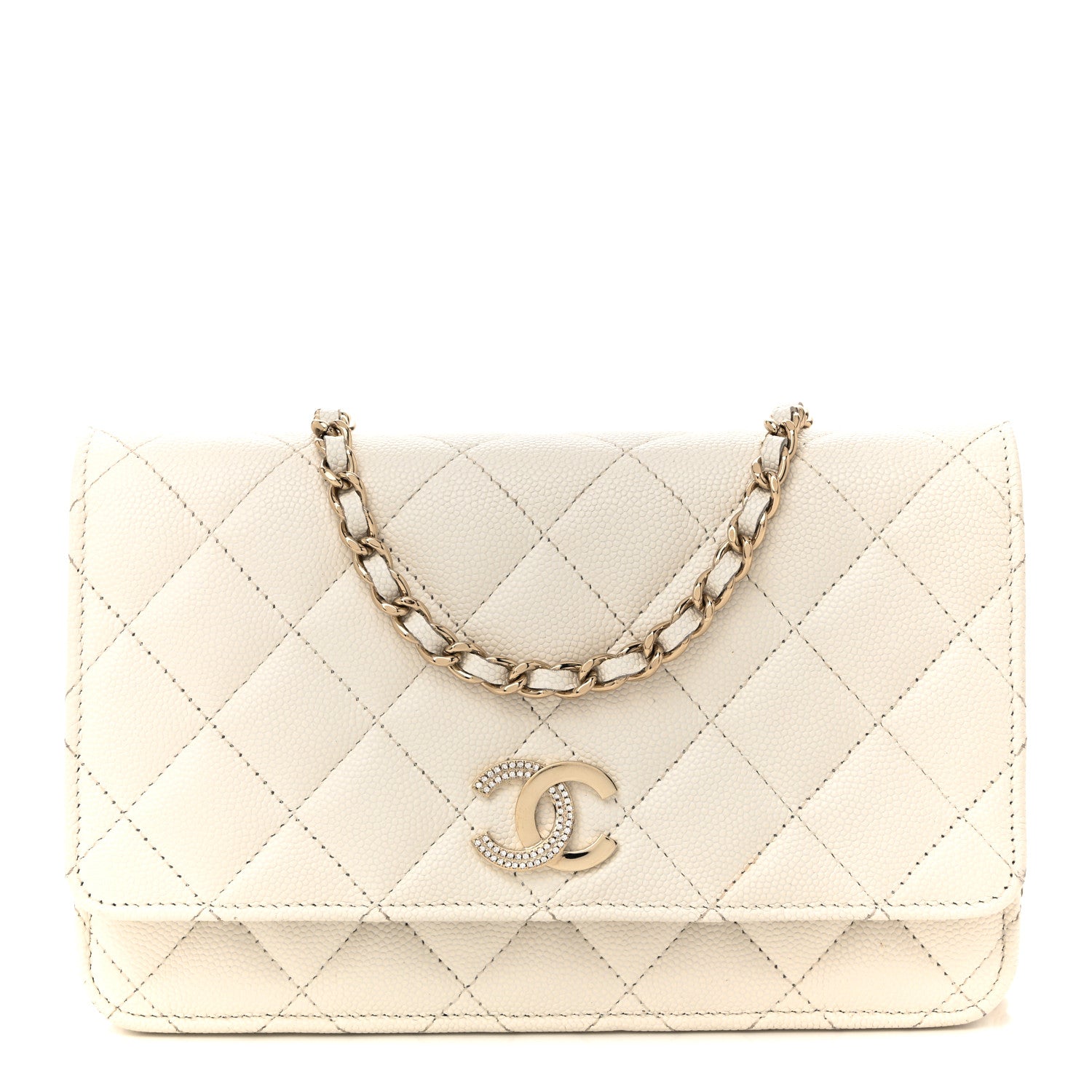 Chanel Caviar Quilted Crystal CC Wallet On Chain WOC White 1 of 15