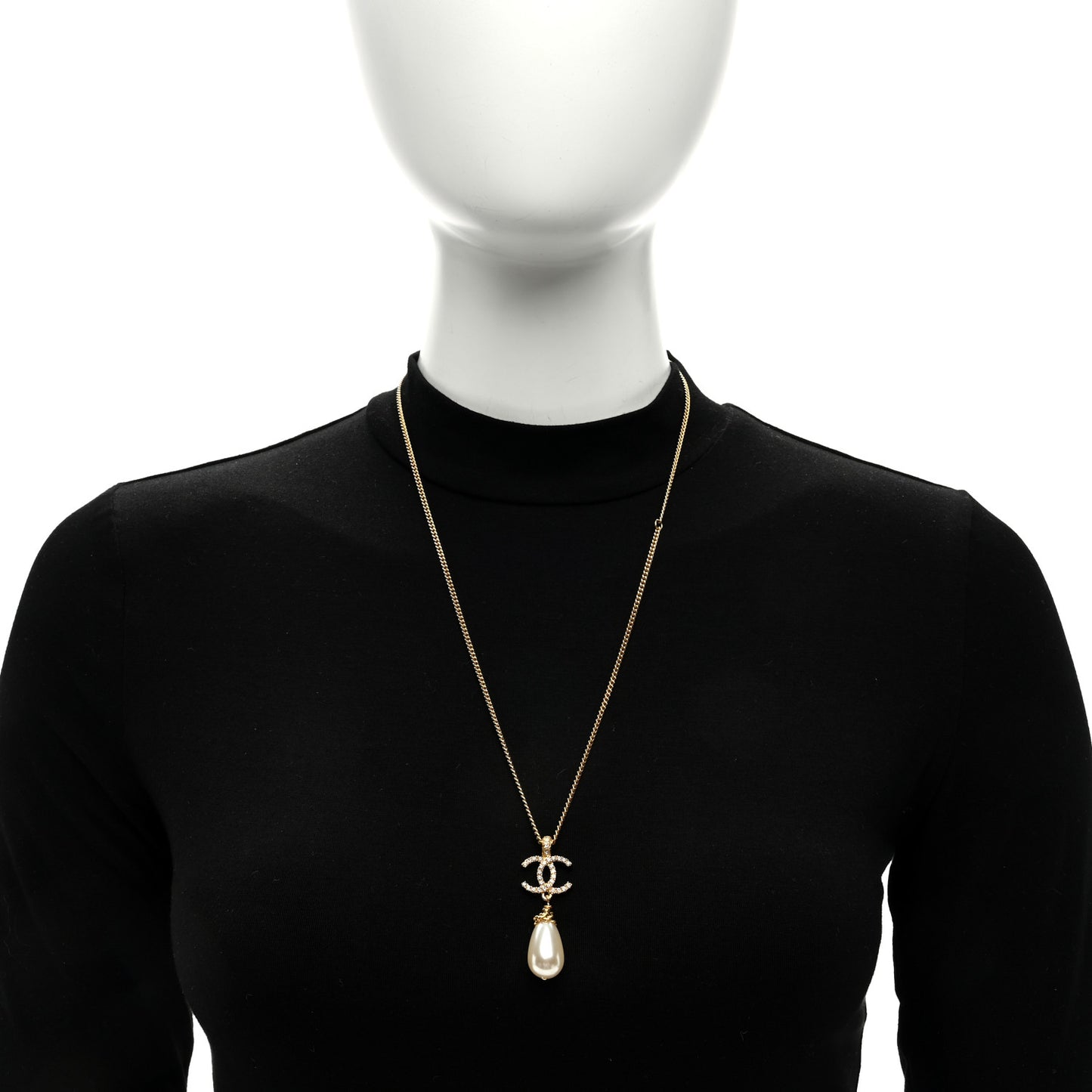Crystal Pearl CC Drop Necklace Gold