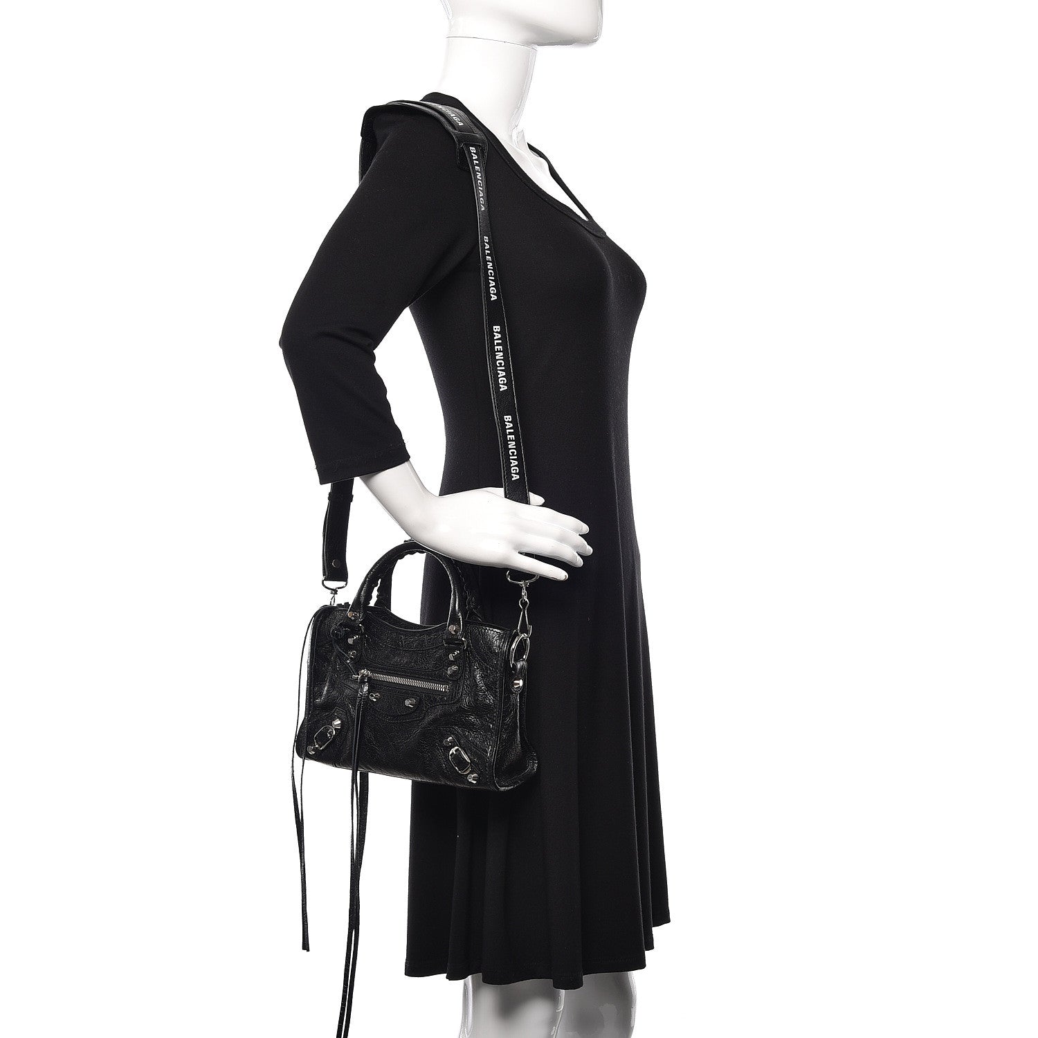 Balenciaga Agneau Classic Silver Hardware Mini City Logo Strap Black White 2 of 9