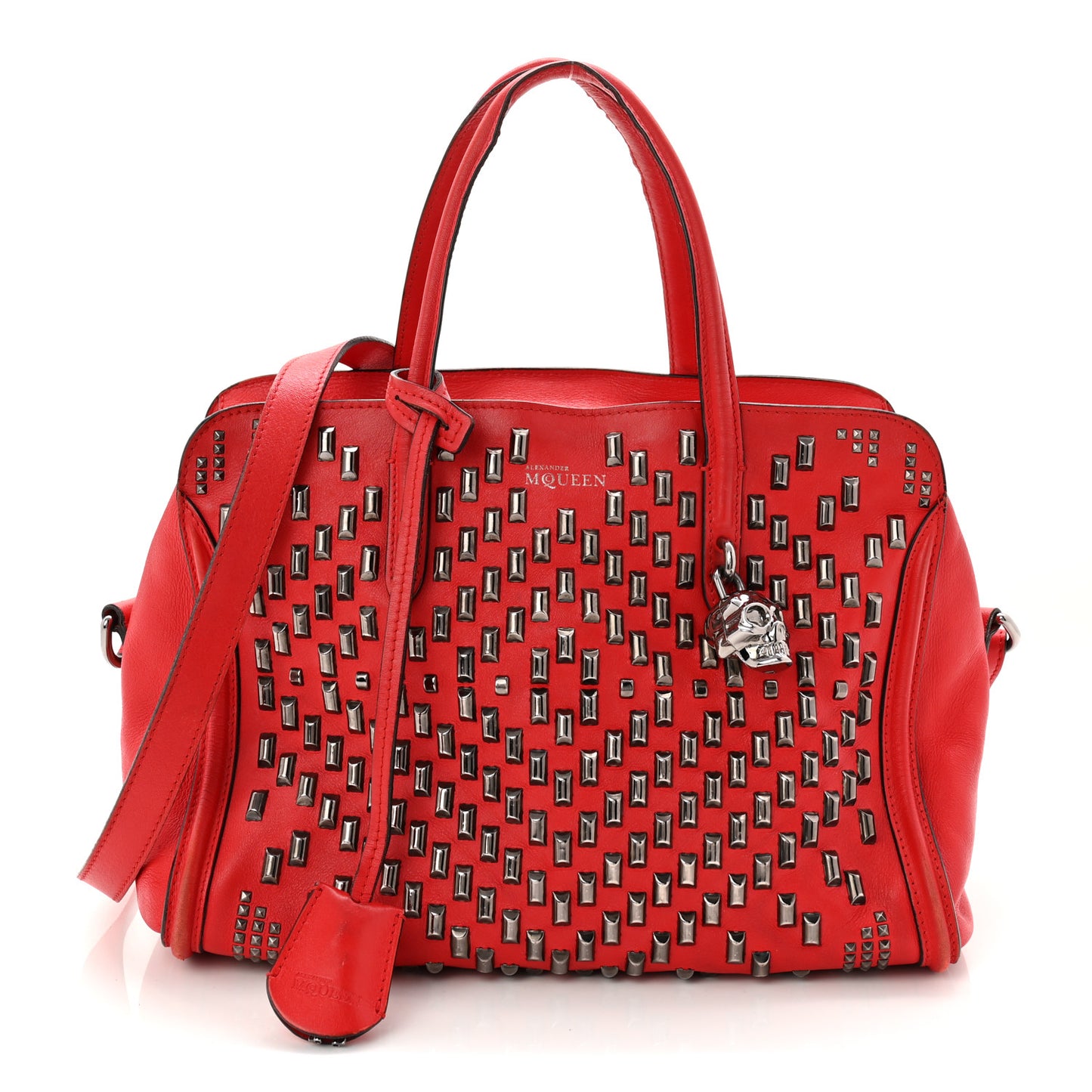 Calfskin Small Studded Padlock Zip Around Tote Red