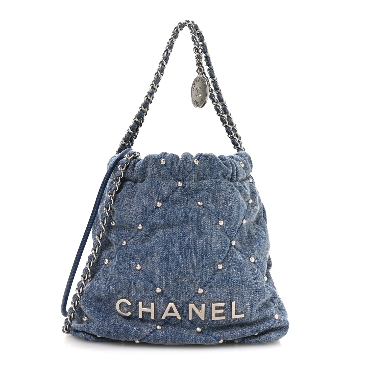 Washed Denim Quilted Studded Mini Chanel 22 Blue