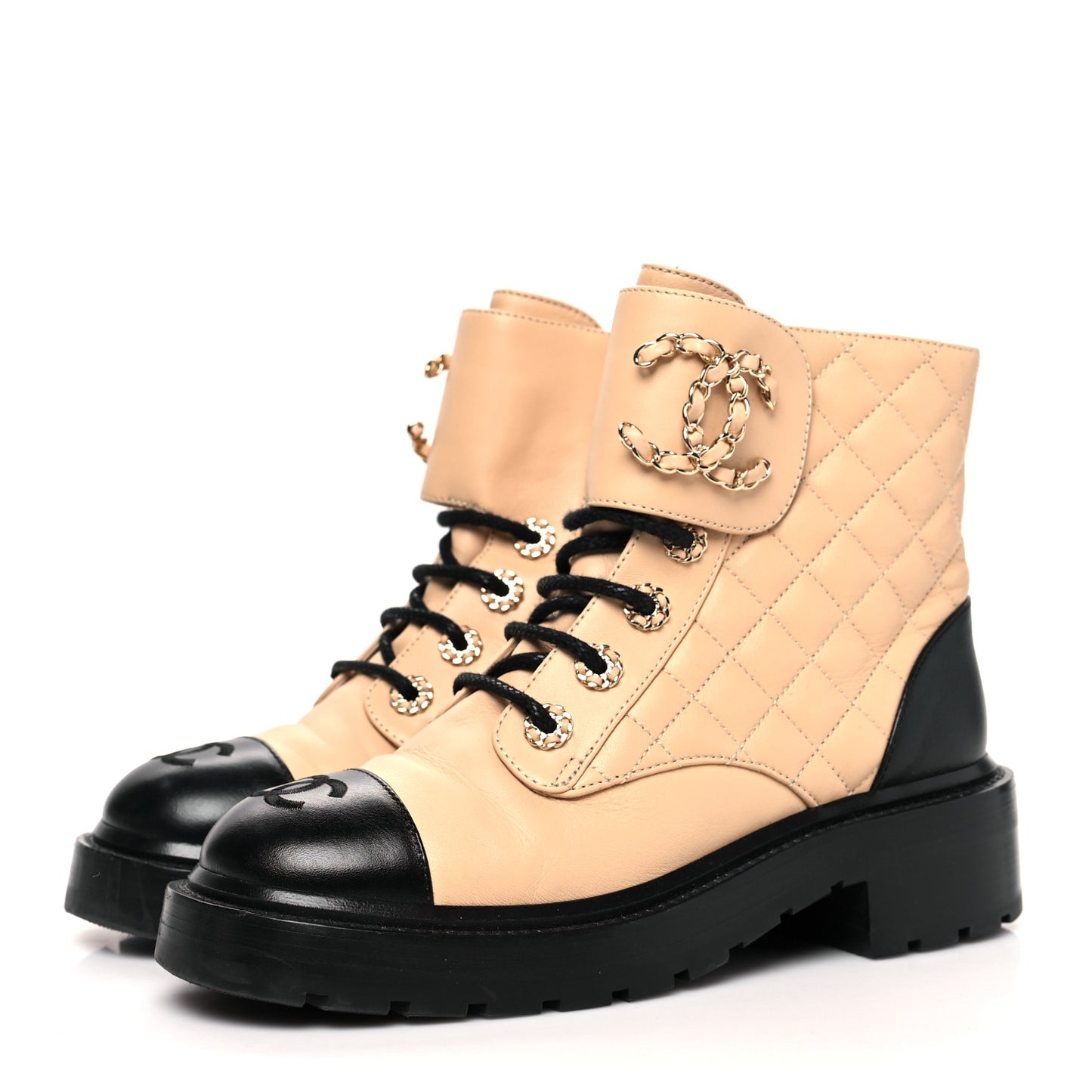 Lambskin Calfskin Quilted Lace Up Combat Boots 36 Beige Black