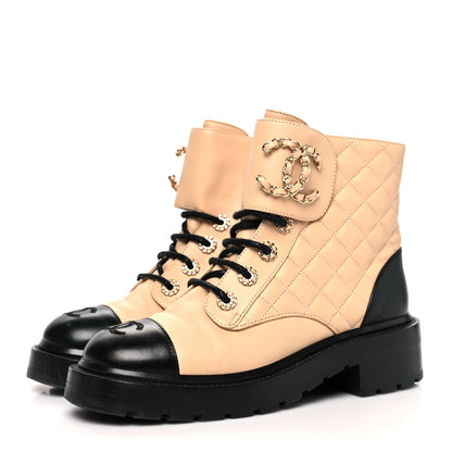 Chanel Lambskin Calfskin Quilted Lace Up Combat Boots 36 Beige Black 3 of 8