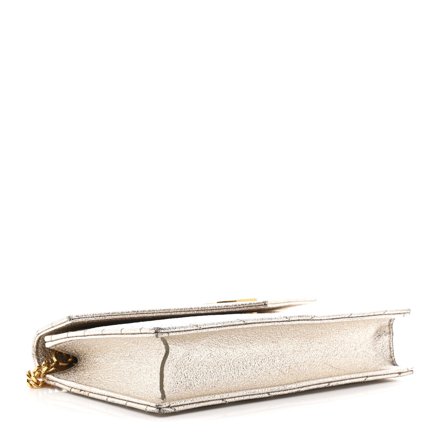 Metallic Crackled Calfskin Matelasse Chevron Monogram Envelope Chain Wallet Gold