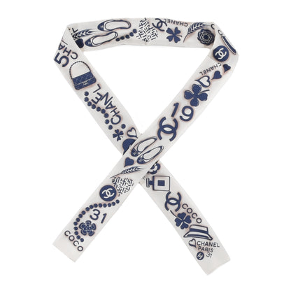 Chanel Silk CC Slim Bandeau Scarf White Blue 1 of 3