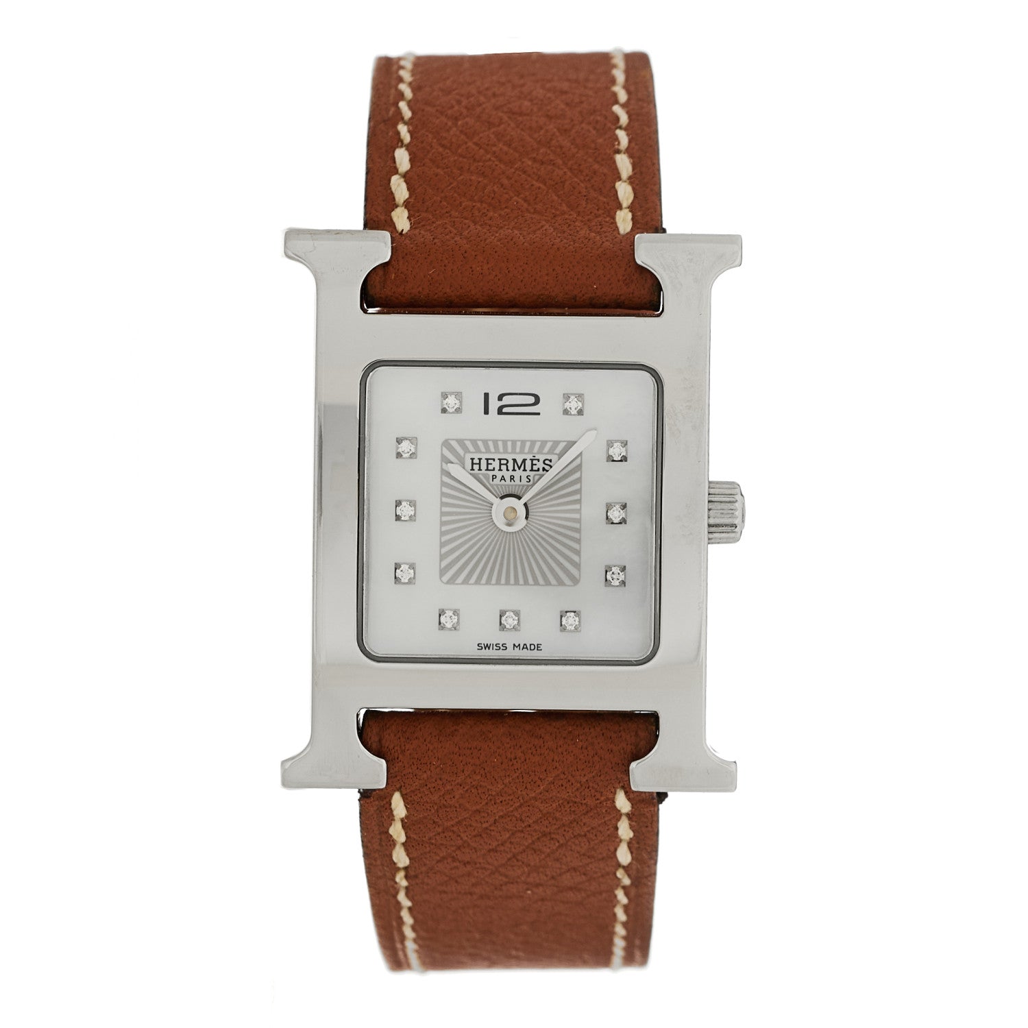 Hermes Stainless Steel Epsom Diamond Mother of Pearl 21mm Heure H Hour Quartz Watch Gold 1 of 4